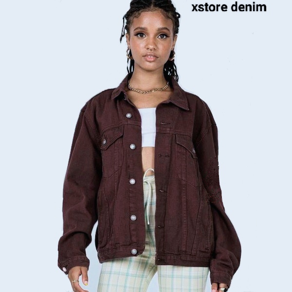 Jaket Jeans Denim Pria Dan Wanita Casual Warna Coklat tua