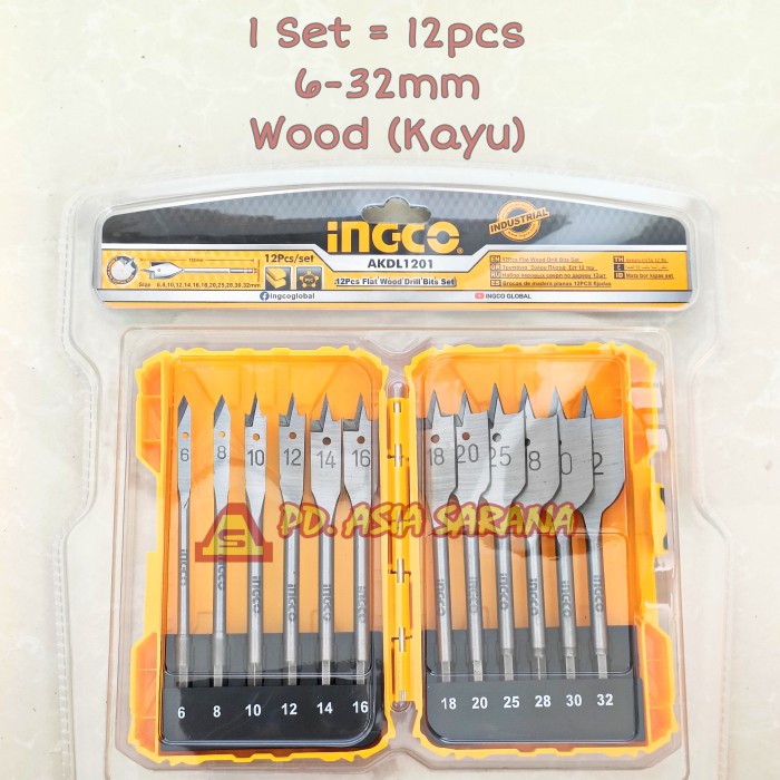 Mata Bor Kayu Kipas (6-32mm) 12pcs INGCO AKDL1201 Flat Wood Drill Bits
