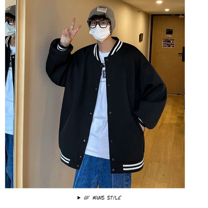Jaket Varsity Baseball Big Size ( S - 6XL ) Kancing Jaket Bomber POLOS Oversized XXL XXXL 4XL 5XL Hitam Putih Mocca Beige Abu Abu Muda Grey FLeece Unisex Jacket Boy Girl Pria Wanita Jumbo Street Style Urban