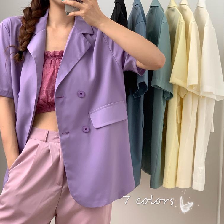 Bisa COD Hijau Biru Kuning Ungu Korea Blazer Wanita Lengan Pendek Setelan Jas Blazer Women Outer Imp