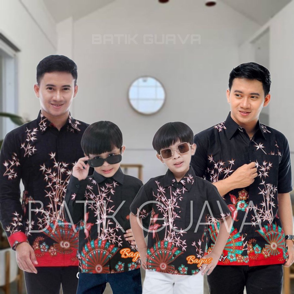 -BAJU BATIK COUPLE AYAH ANAK LENGAN PANJANG, BAJU BATIK PRIA MERAK, BAJU ANAK COWOK COUPLE AYAH WARNA HITAM BLACK COMBI MERAH MOTIF KIPAS