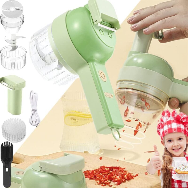 Set Alat 4 in 1 Pemotong Sayuran Elektrik Mini Wireless Rechargerable Pemotong Penghancur Peeler dan Brush