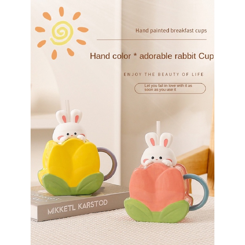 Mi.more Gelas Mug Keramik Rabbit Style With Straw Ceramic Cup Gelas Lucu Unik Bentuk Korean Style