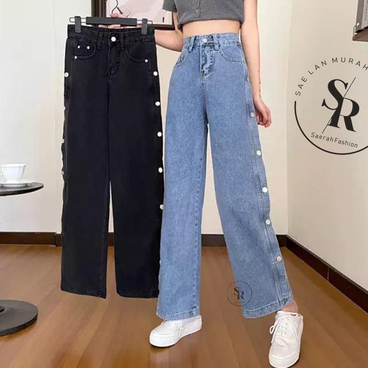 Ready Kulot Jeans Wanita Kancing Samg Penuh-Hh waist jeans-Outfit wanita kekinian Saerah Fashion