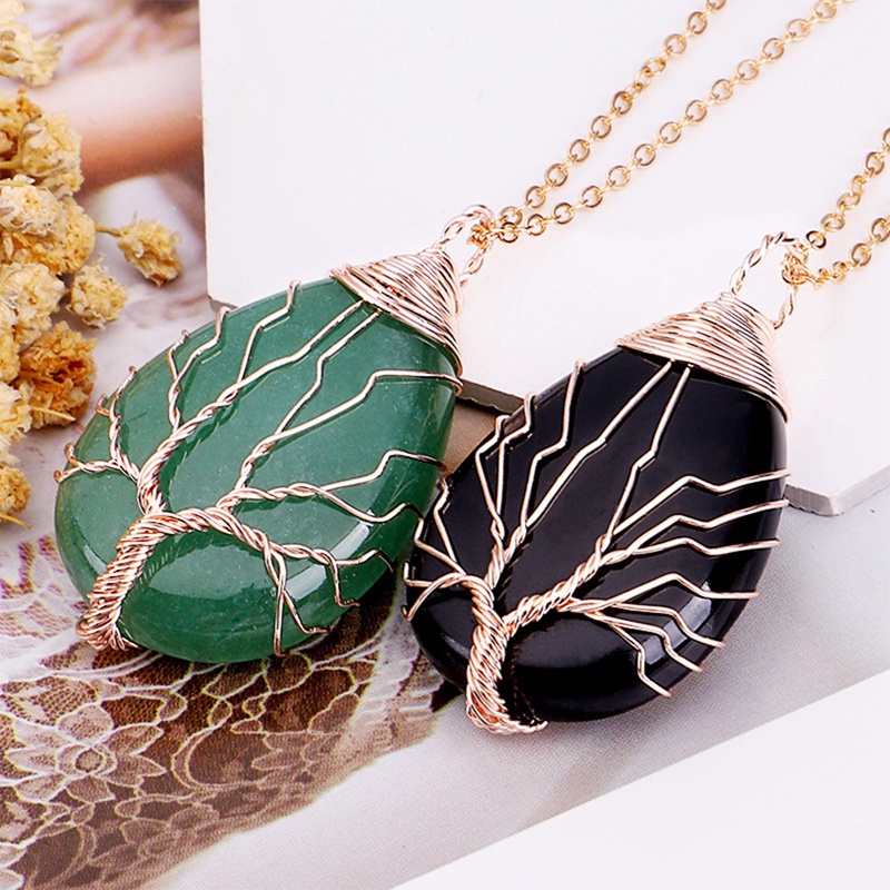 Batu Opal Kuarsa Alami Liontin Buatan Tangan Warna Rose Gold Handmade Pohon Kehidupan Dibungkus Drop Shaped Kristal Pendant Kalung