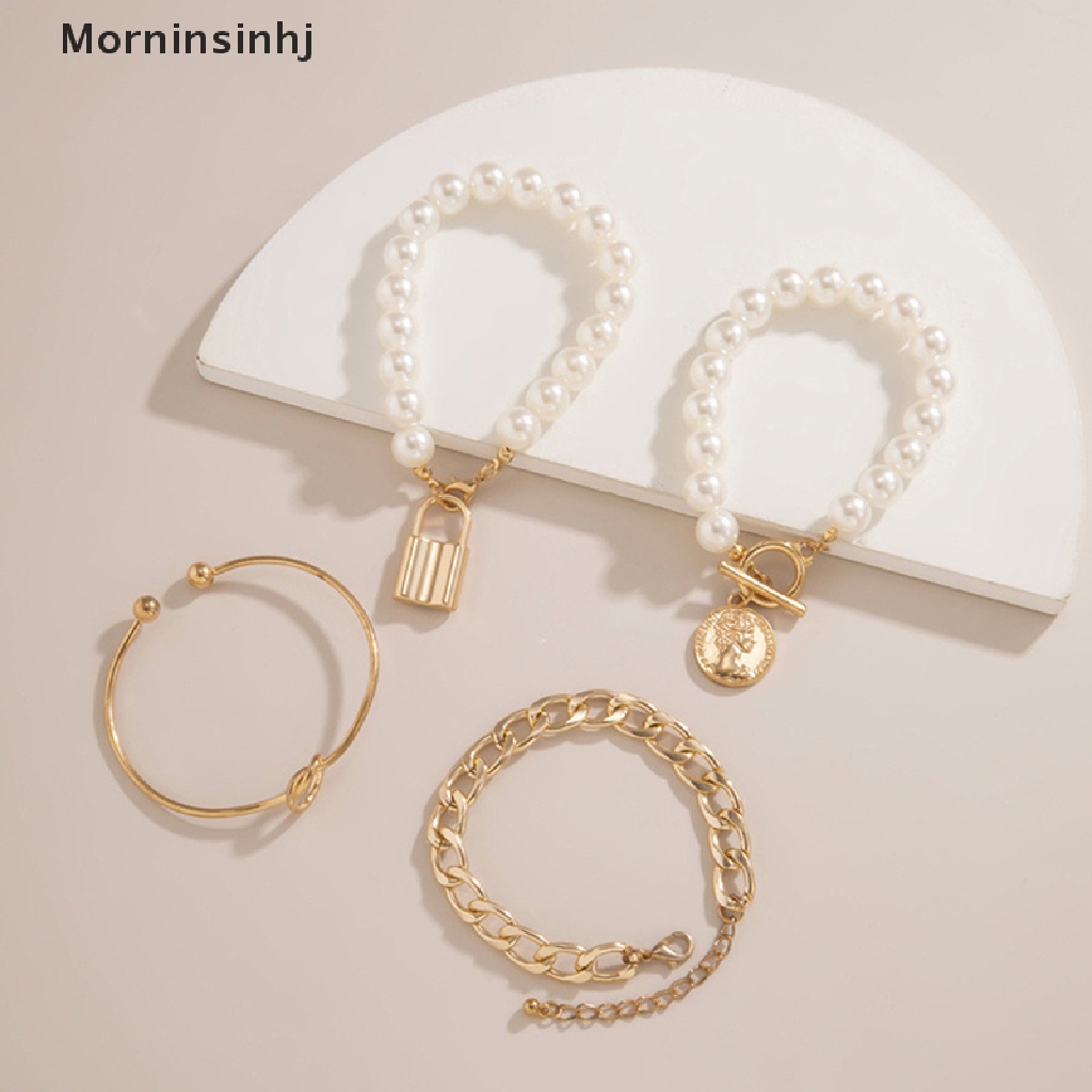 Mornin 4 Pcs Bohemian Multilayer Rumbai Mutiara Gelang Untuk Wanita Geometris Bulat Koin Manik-Manik Kunci Tangan Rantai Pesona Gelang Set Perhiasan Hadiah id