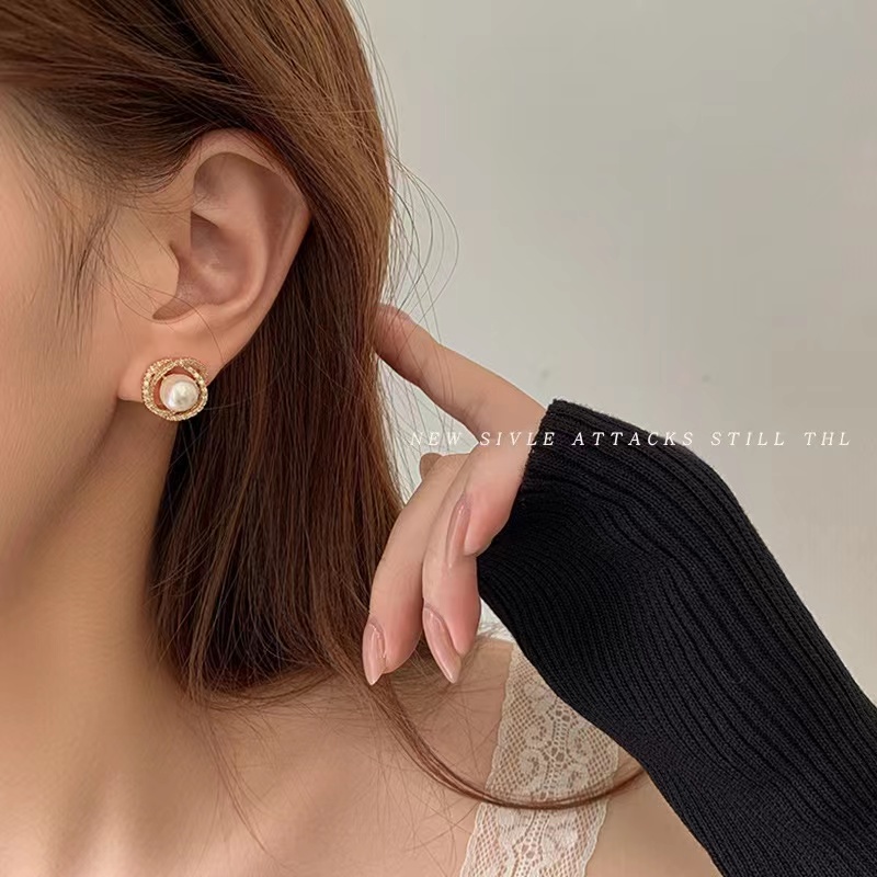 IFYOU Anting Tusuk Emas Mutiara Mewah Untuk Wanita Kristal Spiral Earring Aksesoris Fashion Perhiasan