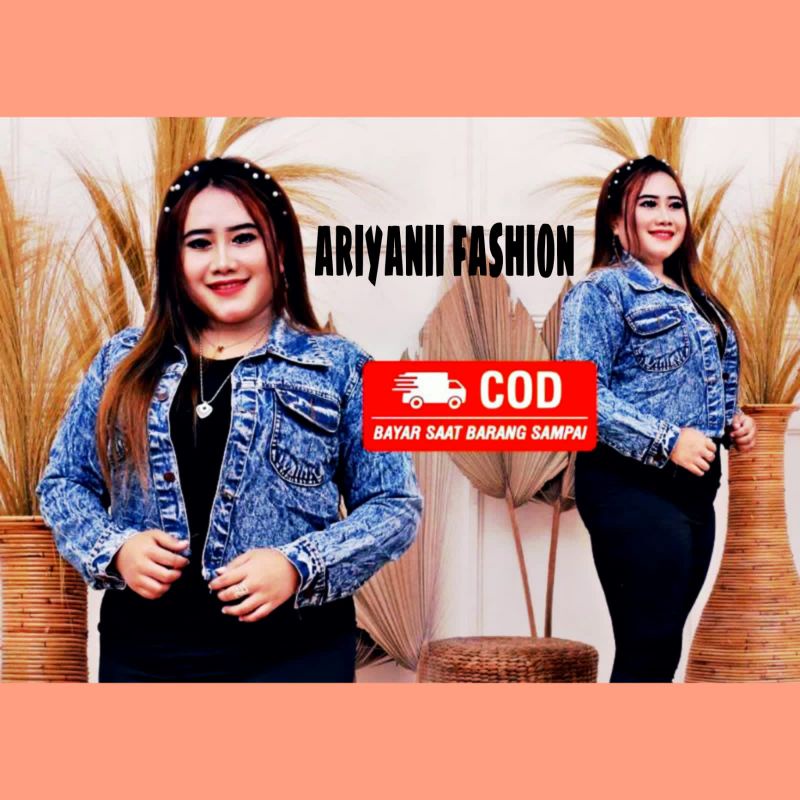 ARN - JAKET WANITA JEANS CROP JUMBO PITA JACKET DENIM OVERSIZE LD 120cm MURAH KEKINIAN JINS SOBEK RAWIS CEWEK KOREAN ORIGINAL SNOW MUAT BB 60 - 85 KG MODEL GAMBAR BELAKANG Emblem 3D