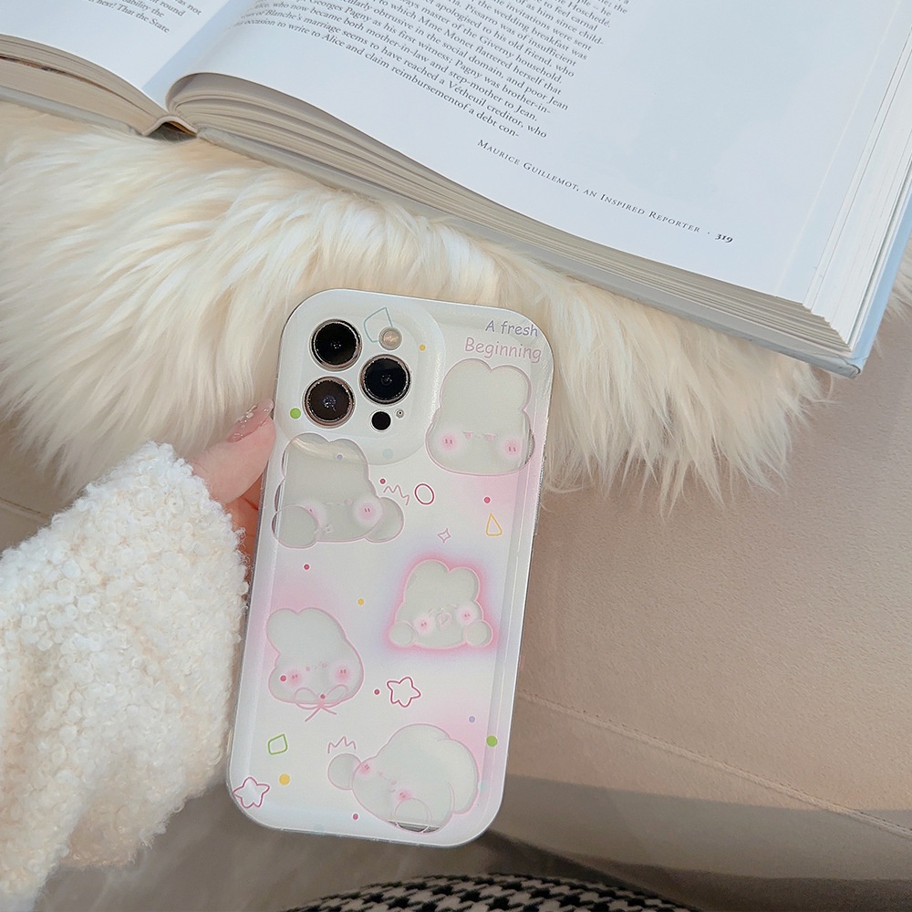 IPHONE Laser Pink Kelinci Bunny Pelindung Lensa Kamera Ponsel Soft TPU Case Cover Untuk Iphone11 12 13 14 PLUS PRO MAX Lucu Shell