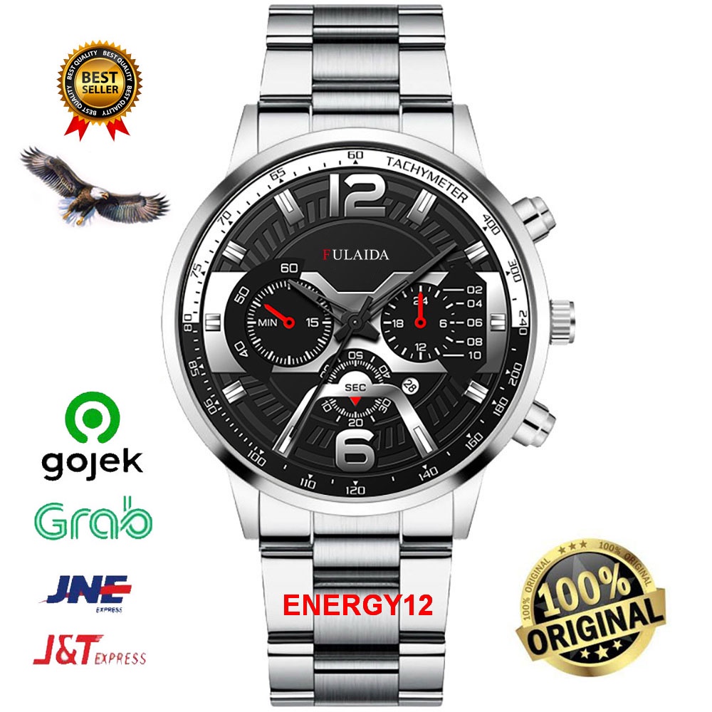 jam tangan Fulaida stainless steel pria Original Import - Hitam