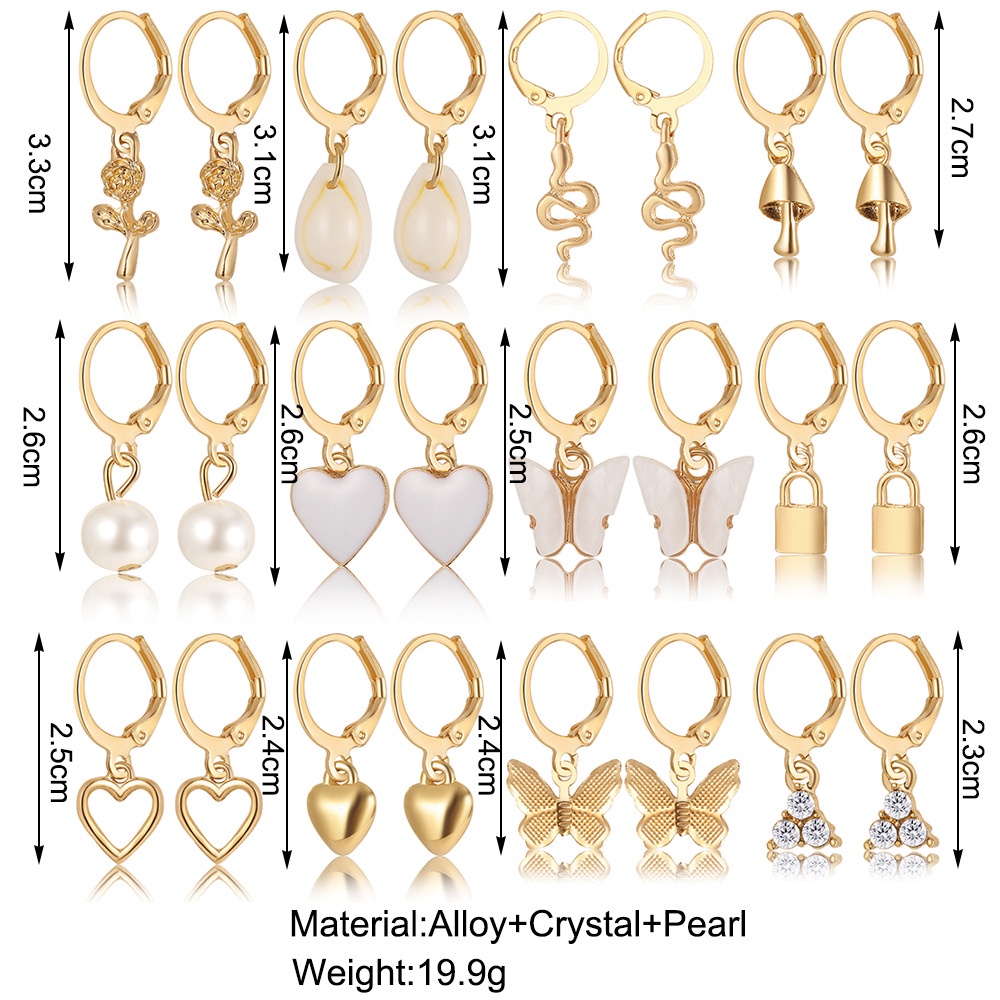 24pcs/set Trendi Lucu Hati Kupu-Kupu Ular Jamur Anting Untuk Wanita Kepribadian Kunci Bersinar Anting Perhiasan