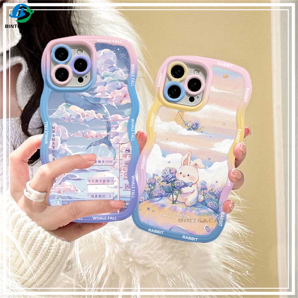 Iphone 14 14 Pro MAX IPhone13 Pro MAX 11PRO 11PRO MAX 12 12Pro MAX XR XS Max6 6S 7 8 Plus Lukisan Cat Minyak Motif Bunga Kelinci Paus Ilustrasi Tepi Melengkung TPU Phone Case Binteacase