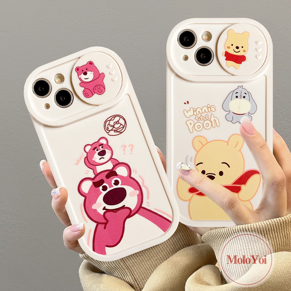 IPHONE Pasangan Case Kompatibel Untuk Iphone13 11 12 Pro MAX 7plus 7 8 Plus XR X XS MAX Kartun Strawberry Bear Manyo Winnie the Pooh Tarik Jendela Kamera Perlindungan Soft Cover