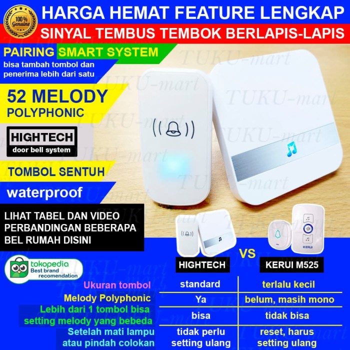 Bel Rumah bel rumah pintu wireless HIGHTECH sinyal super kuat(U9A1) Bel Pintu Rumah Wireless Bel Rum
