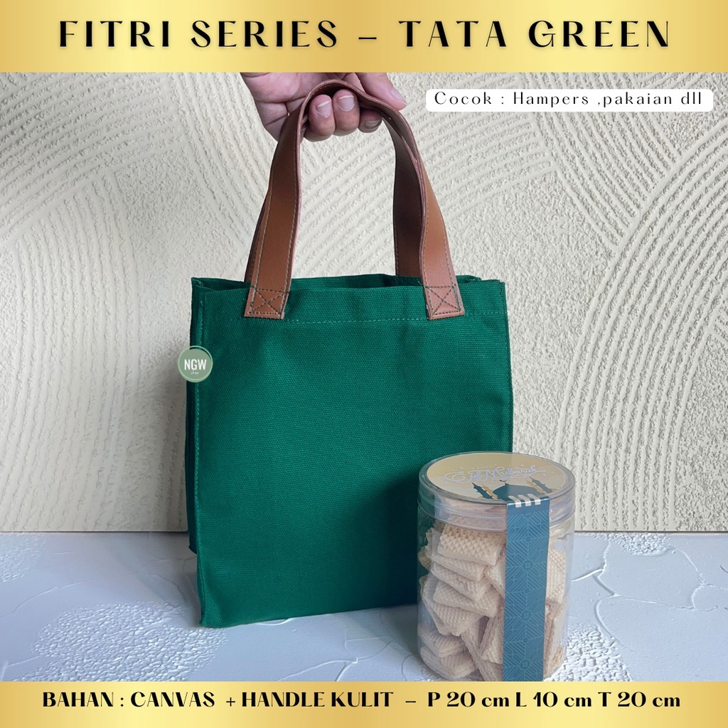 TATA BAG CANVAS HIJAU HANDLE KULIT 20x10x20 goodie bag hampers