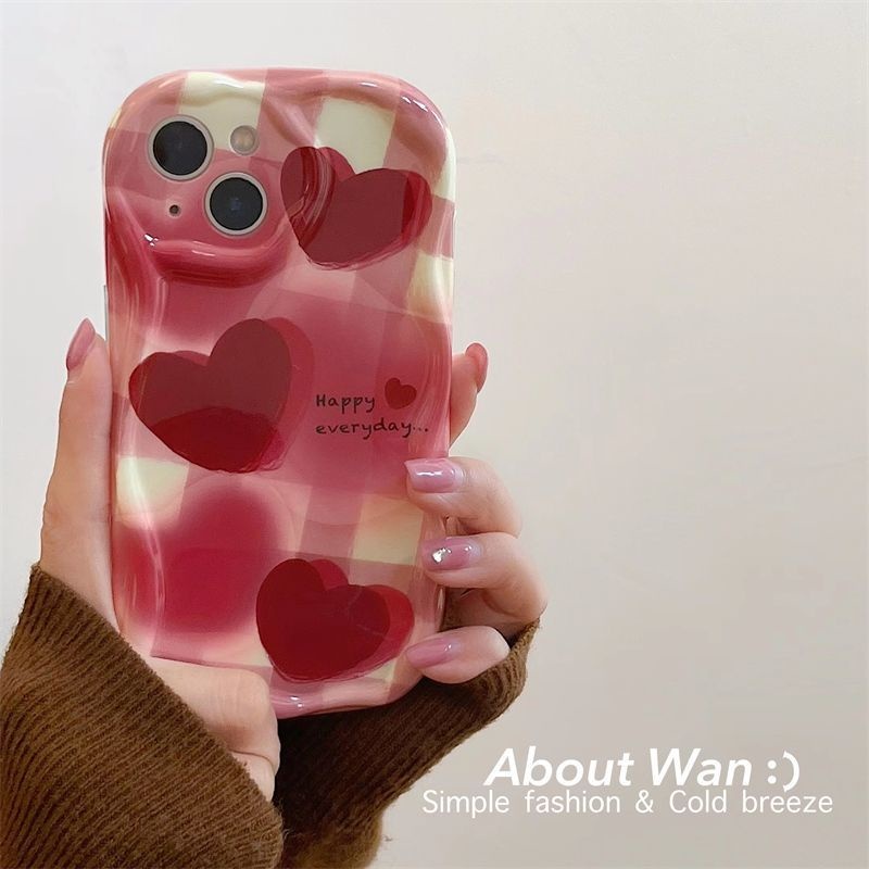 IPHONE Casing Ponsel Motif Gaya Hati Korea Kotak-Kotak Gelombang Kompatibel Dengan Iphone12 13 14 11 Pro Max X Xs Max Xr Fdcsf