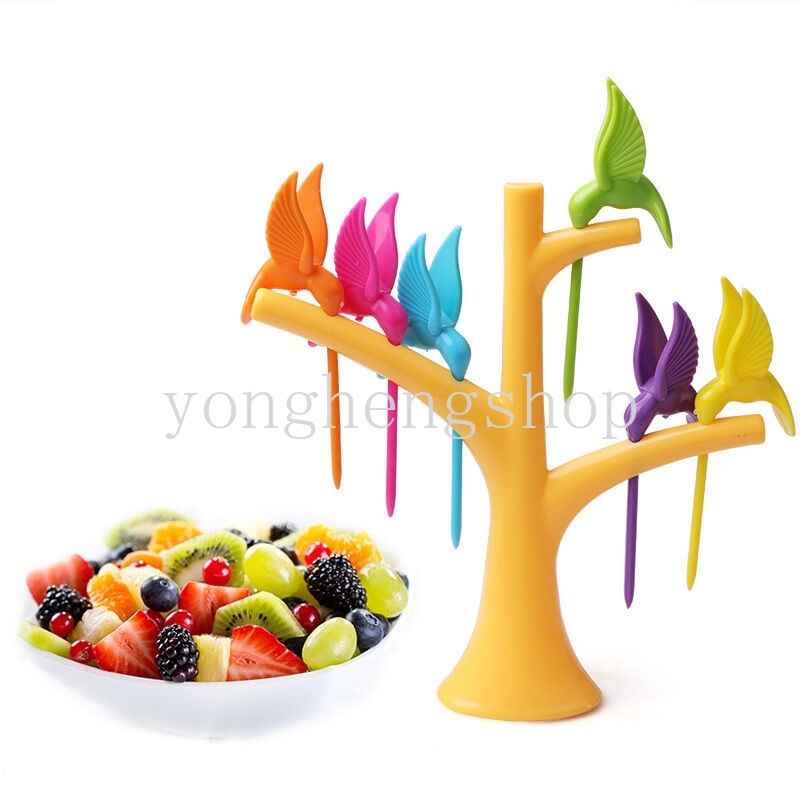 Set Garpu Buah / Sayuran / Snack / Dessert Bentuk Pohon + Burung Bahan Plastik Warna Acak