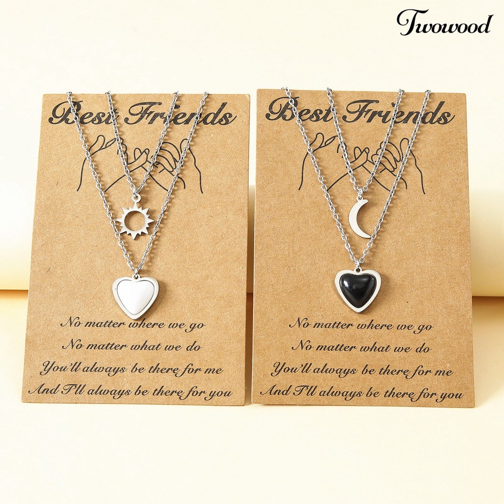 Twowood 1pasang Pasangan Kalung Kepribadian Stainless Steel Dua Lapisan Resin Berlian Imitasi Cinta Hati Matahari Bulan Batu Liontin Kalung Fashion Perhiasan