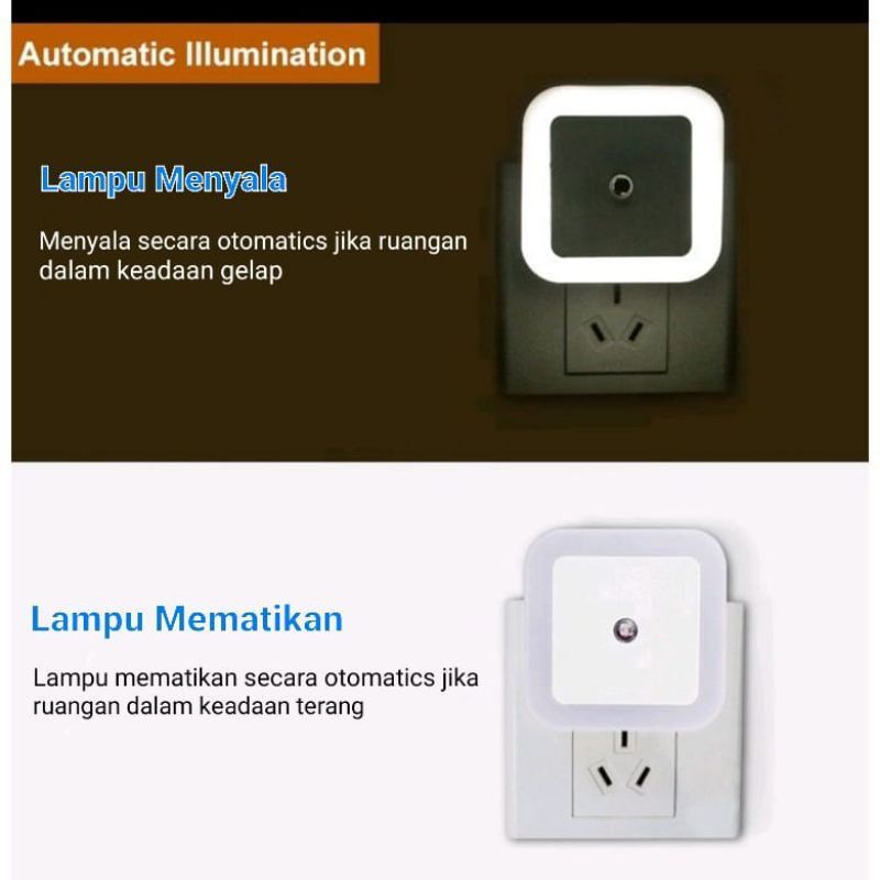 Lampu Tidur LED Otomatis Sensor Cahaya Colok Listrik Dinding Persegi Dekorasi Ruangan Night Lamp