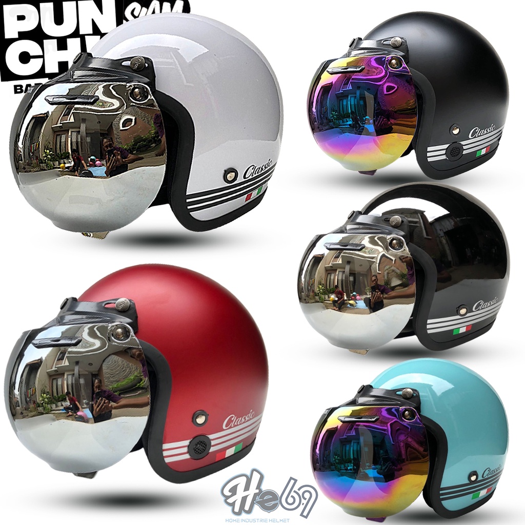 Helm Bogo Retro Dewasa Classic Kaca Datar Pelangi / Kaca Cembung Silver COD