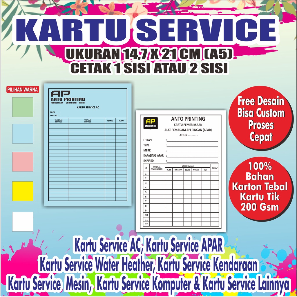 

KARTU SERVICE UKURAN A5 (14, 7x 21 cm) BAHAN TEBAL