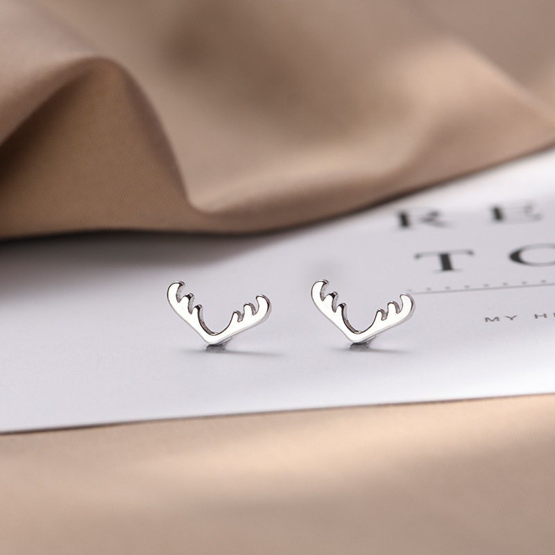 Anting Bentuk Tanduk Rusa | Anting Mini | Jarum S925 Silver | Anting Bahan Stainless Steel | Anting Tusuk Hypoallergenic Simple Bahan Stainless Steel Untuk Wanita