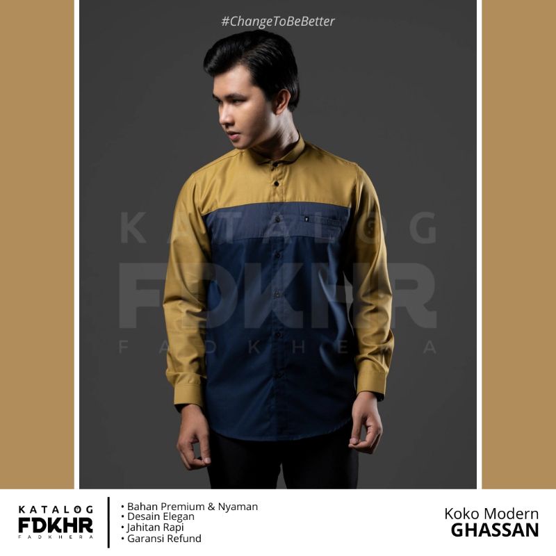 KEMEJA FADKHERA GHASSAN BAJU KOKO MODERN PRIA WARNA GOLD NAVY BAHAN PREMIUM KATUN TOYOBO