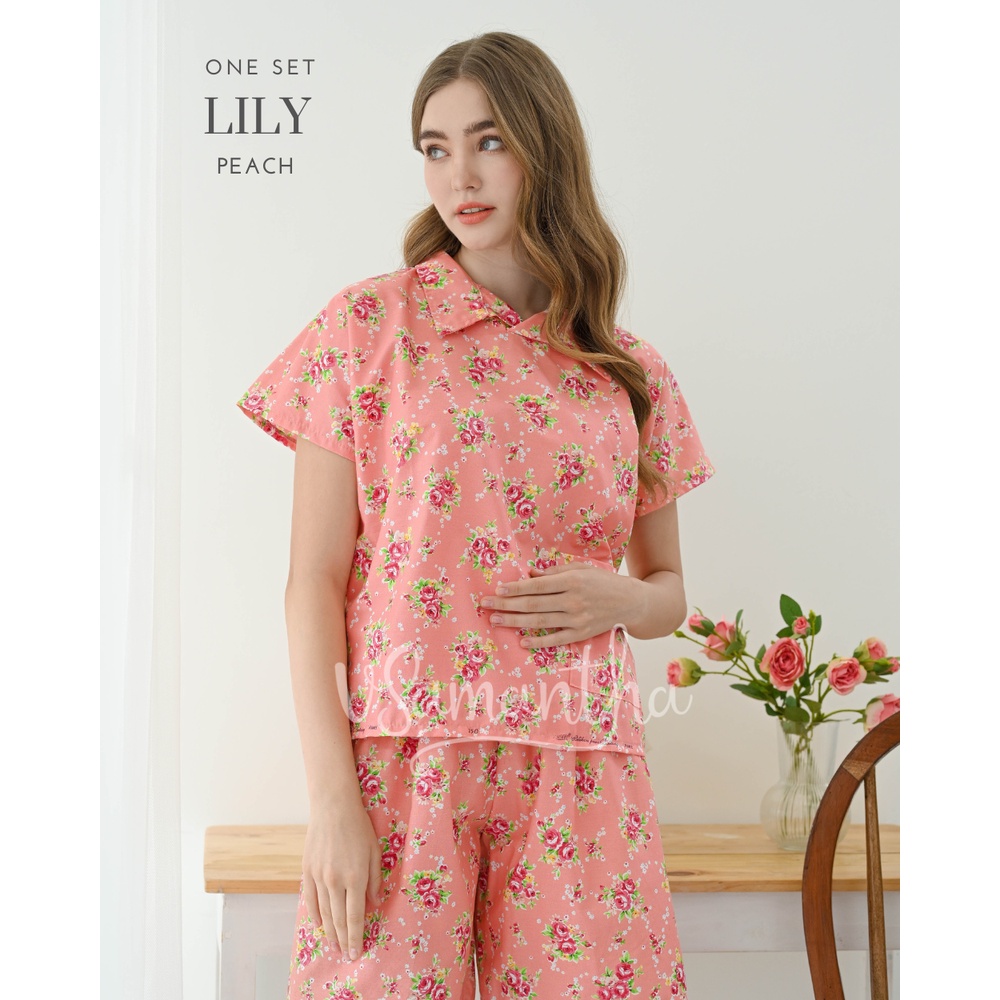 One Set Piyama / Pajamas Crop Motif Lily Peach