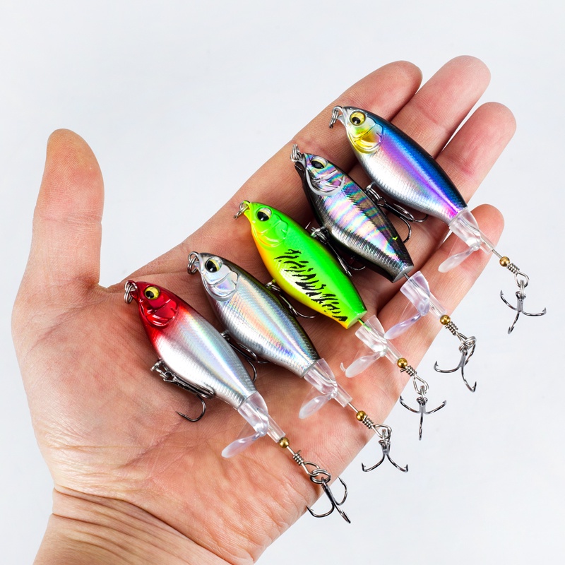 5warna Umpan Pancing Topwater 1PCS 7.5/9.5cm Plastik Berputar Ekor Ikan Kecil Pintail Bass Lures 3D Mata Whopper Plopper Dengan 2kait Treble Aksesoris Memancing