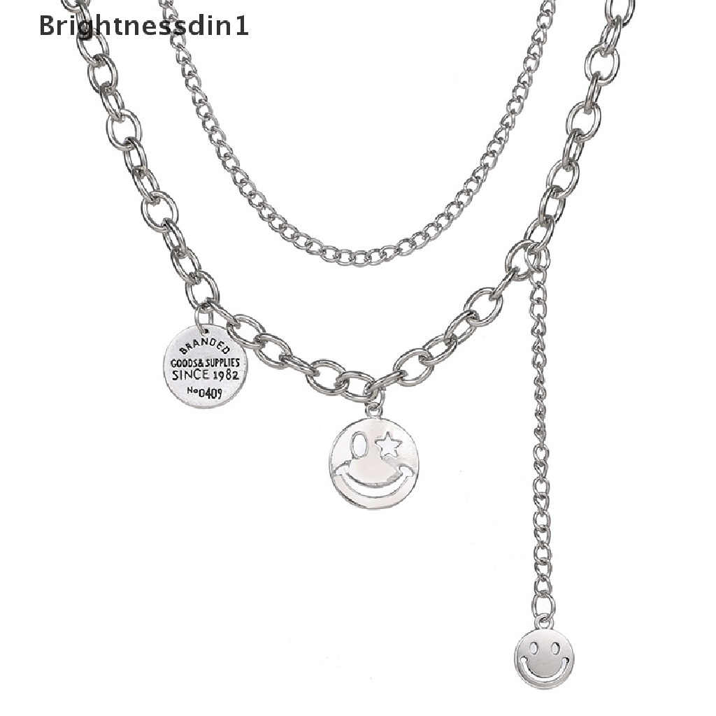 [Brightnessdin1] Smiley Face Pendant Necklace Silver Layered Necklace Alloy Chain Retro Gaya Hip Hop Punk Wajah Senyum Rantai Huruf Multilayer Kalung Panjang Klavikula Rantai Butik