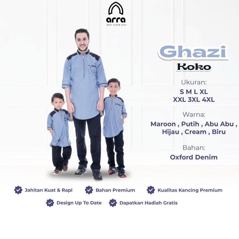 STOK TERBATAS Arra Ghazi Baju Koko Pria Lengan 3/4 Dewasa dan Anak Laki Laki Bahan Oxford Denim Size