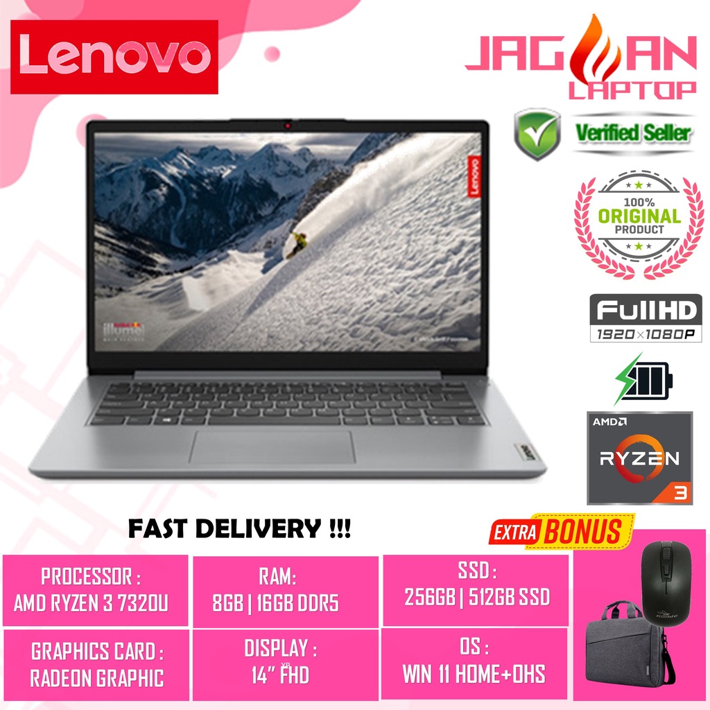 LAPTOP MURAH LENOVO IDEAPAD SLIM 1 14 RYZEN 3 7320U 8GB 256GB 14 FHD WIN11HOME + OHS CLOUD GREY