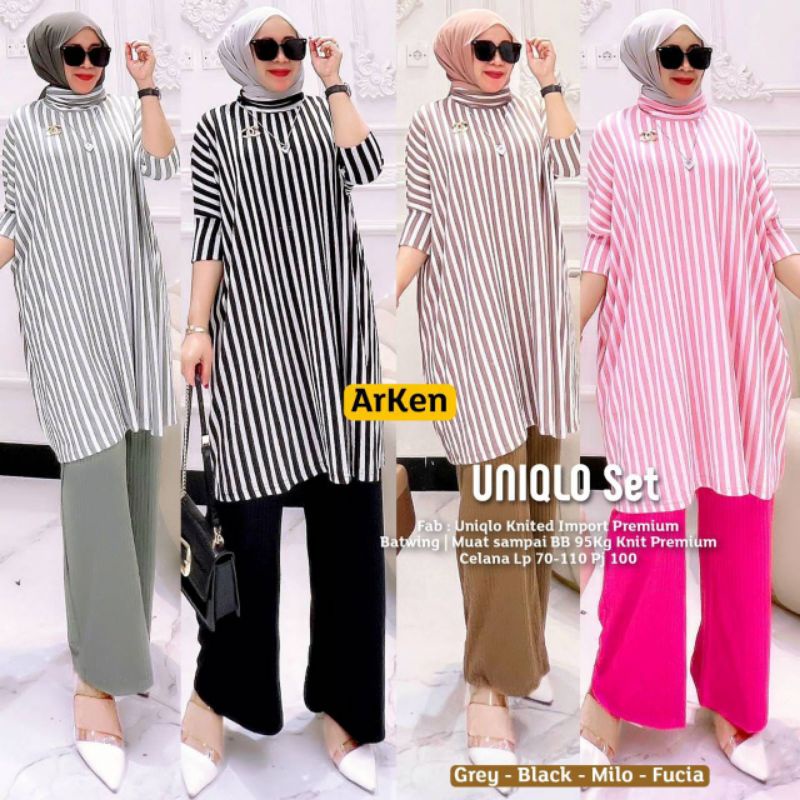 UNIQLO SET BY ARKEN SETELAN ONE SET SETCEL TUNIK PANTS WANITA JUMBO CASUAL MOTIF GARIS BAHAN UNIQLO 