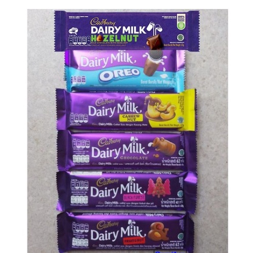 

Cadbury chocolate 62gr, Dairy Milk, hazelnut, Fruit & nut, black forest