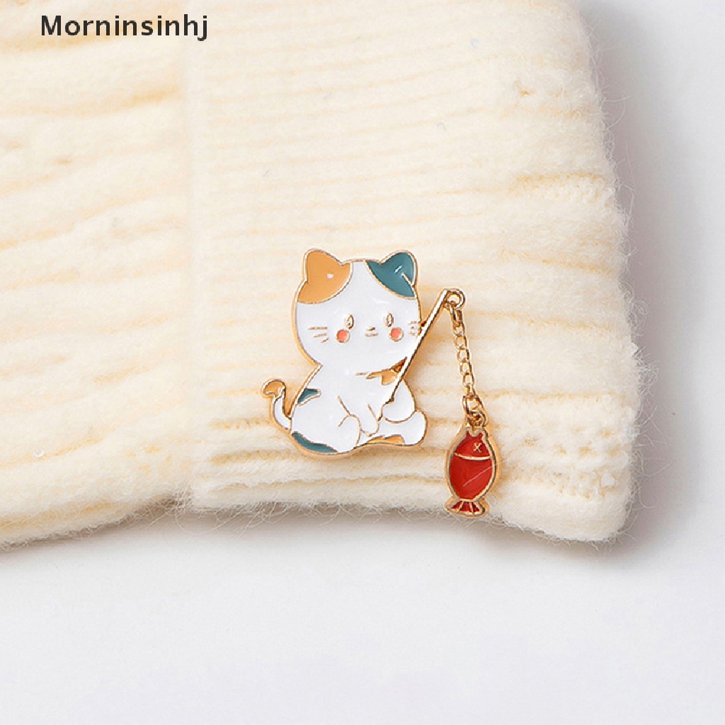 Mornin Kartun Kucing Bros Pin Kucing Memancing Dengan Rantai DIY Tombol Pin Logam Denim Jaket Pin Lencana Perhiasan Hadiah Untuk Anak-Anak Siswa Tas Sekolah Liontin id