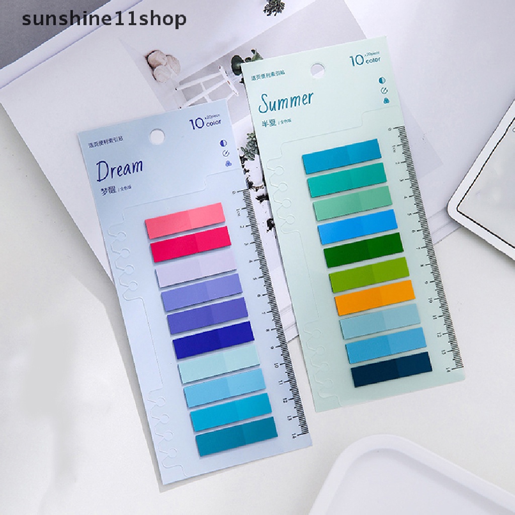 Sho 200lembar Colorful PET Waterproof Sticky Notes Index Tabs Dengan Penggaris Writable File Tabs Bendera Penanda Halaman Berwarna Label Untuk Membaca Buku Catatan Perlengkapan Kantor Sekolah N