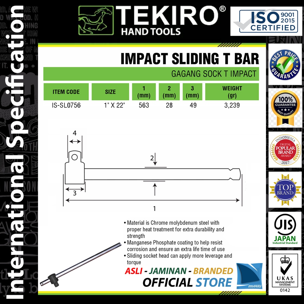 Gagang Soket Geser PUKUL 1&quot; inch DR. x 22 inch / IMPACT Sliding Socket T Handle Sock Spanner TEKIRO