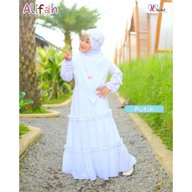Gamis putih anak ameena lady zara mix ceruty premium by vichi / gamis manasik anak