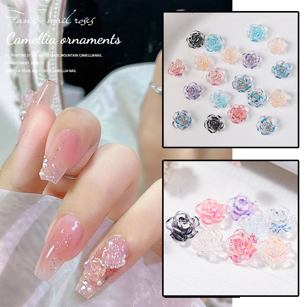 50pcs/set 8mm Warna Campur Transparan Camelia Es Bening 3D Camelia DIY Bahan Kerajinan Elegan Pesona Resin Bunga Nail Art Dekorasi Kuku