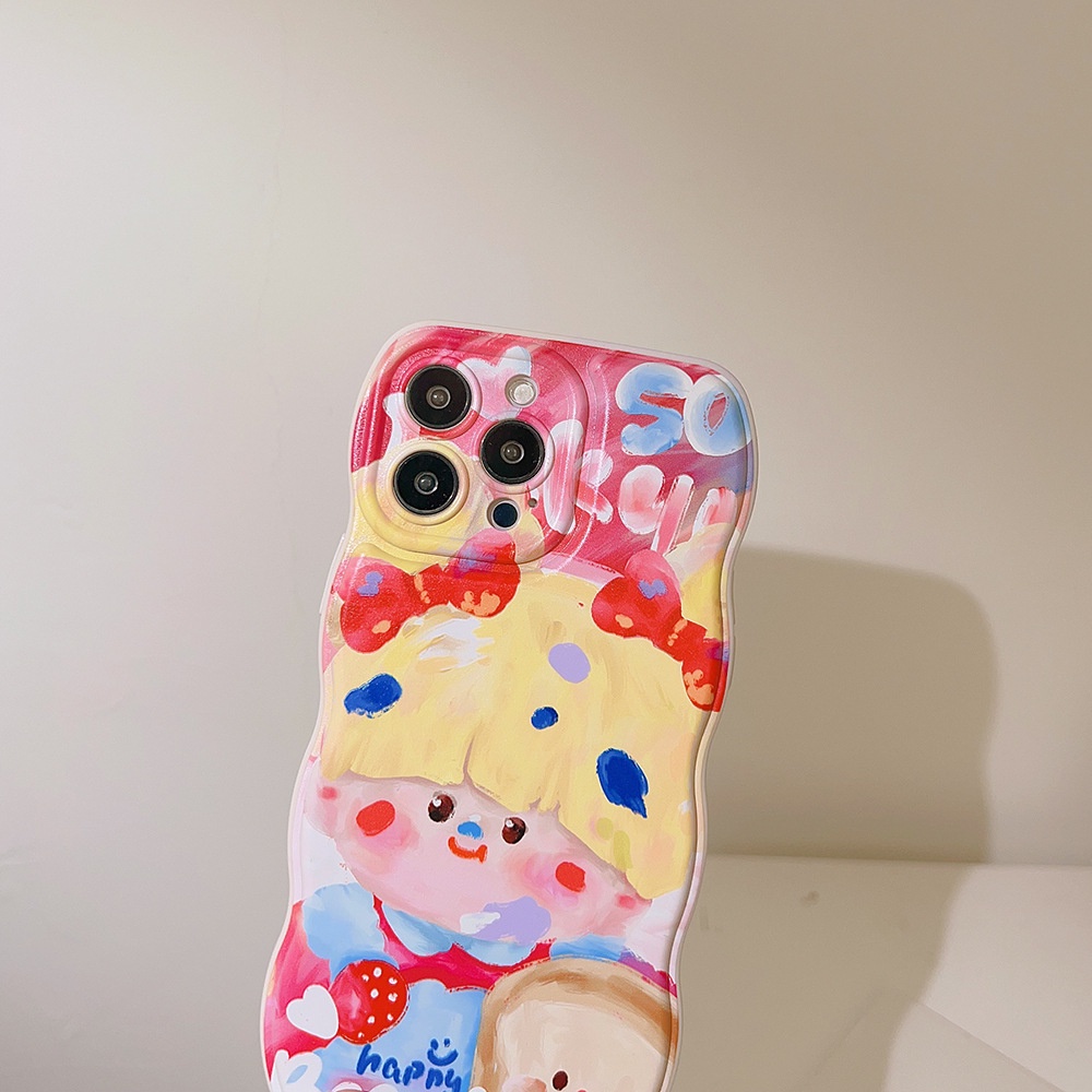 IPHONE Ins Gadis Lucu Lukisan Cat Minyak Kartun Soft Beige Case Untuk Iphone14 11 12 13 PRO MAX Casing Cover Pelindung AT0019