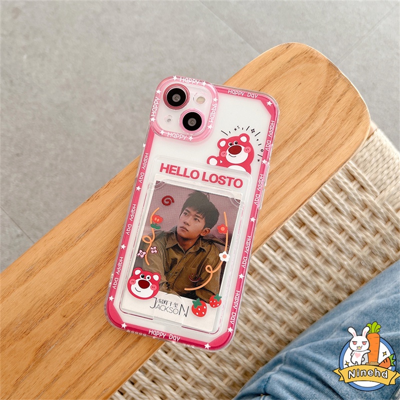 Case Tas Kartu Bening Kompatibel Untuk Iphone14 13 12 11 Pro Max X Xr Xs Max SE iPhone 8 7 6 6s Plus Strawberry Bear Kreatif Dompet Slot Card Holder Phone Case Anti Jatuh Soft Cover