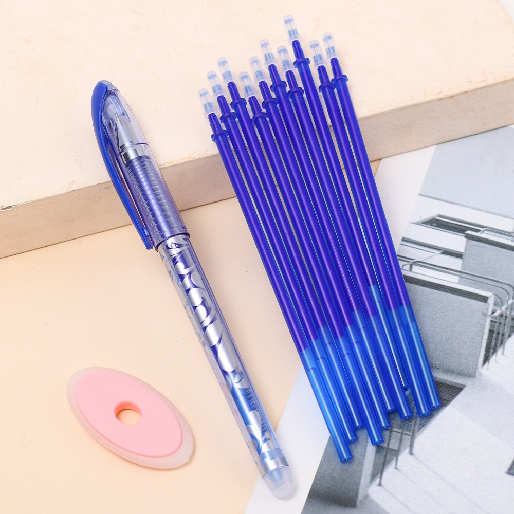 12pcs/set 0.5mm 2warna Hitam Biru Pena Netral Magic Erasable Neutral Pen Erasable Refill Set Alat Tulis Siswa Sekolah Kantor Alat Tulis