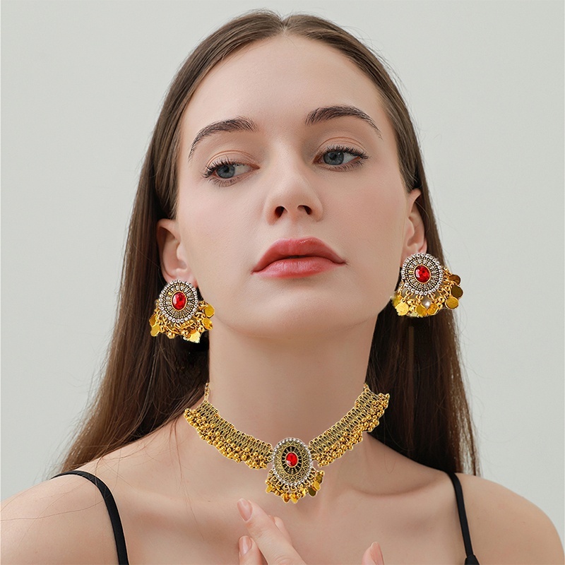 Fashion Ladies Perhiasan Lapis Emas Kalung Dubai Mewah Liontin Kalung Anting Set