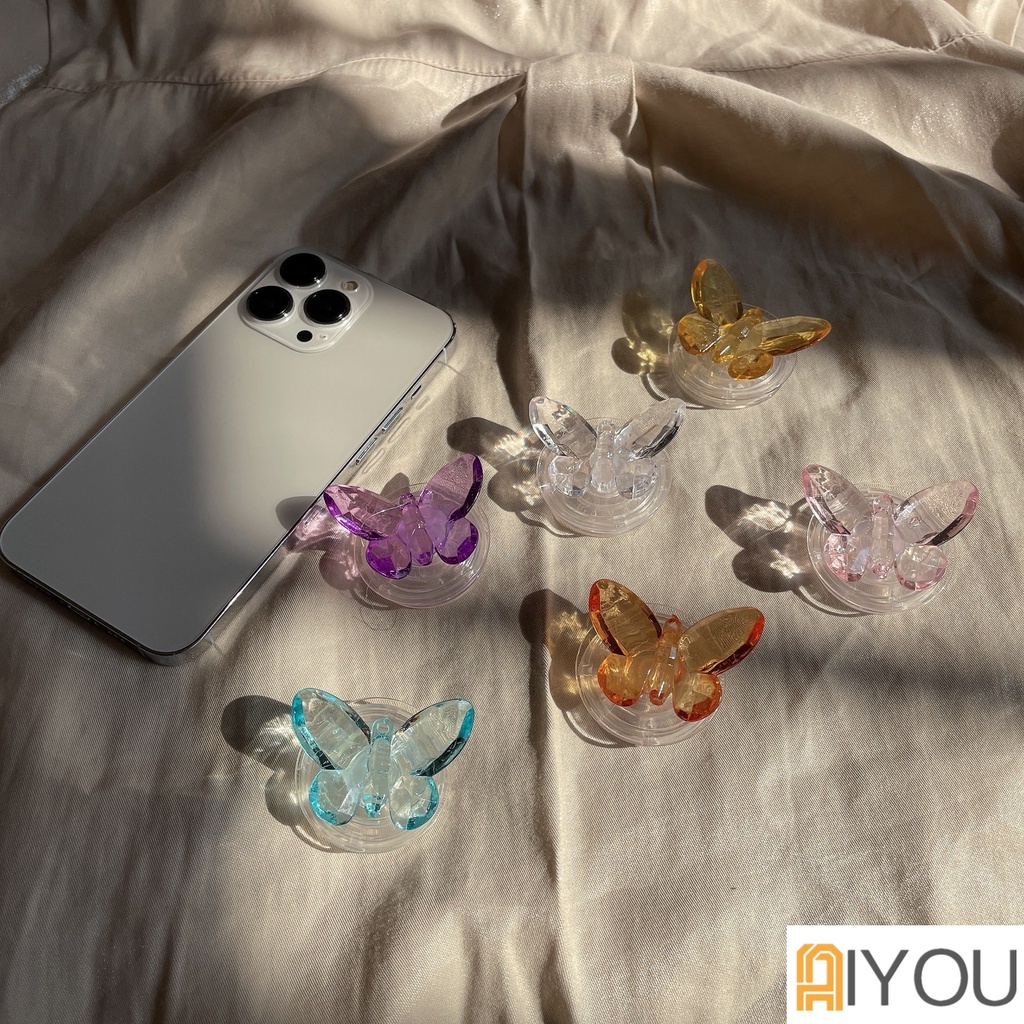 3d Crystal Butterfly Bear Dudukan Ponsel Transparan Butterfly Grip Tok Untuk 13 Pro Max Samsung Xiaomi Handphone Griptok