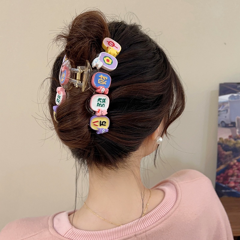 Fun Mahjong Grab Clip Cute Style Acrylic Grabber Hairclip Dekorasi Rambut