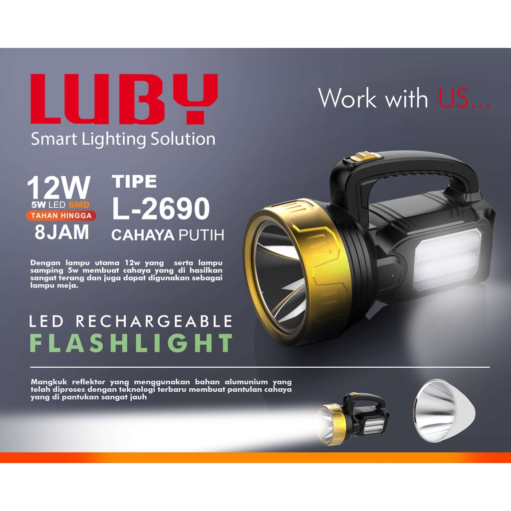 Luby Senter LED Super Terang 2 in 1 FAST CHARGING L-2690 LED 12 Watt + Light LED 5W SMD PUTIH Rechargeable