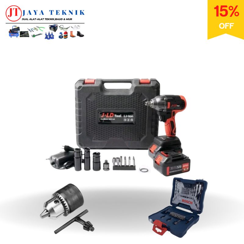 Paket Lengkap Impact wrench Cordless JLD Merah 2 Baterai 350 NM Mesin Impact Wrench Baterai 48 Volt