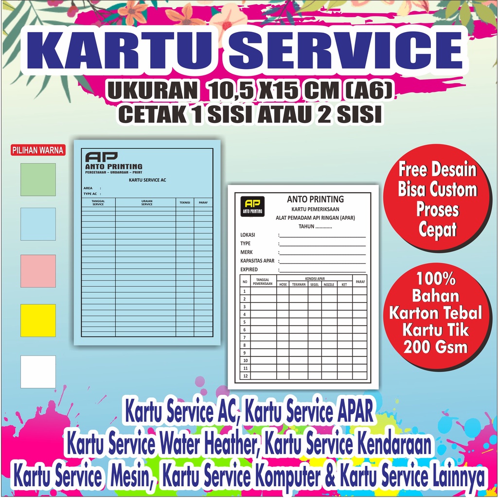 

CETAK KARTU SERVICE UKURAN A6 10,5 X 15 CM BAHAN TEBAL