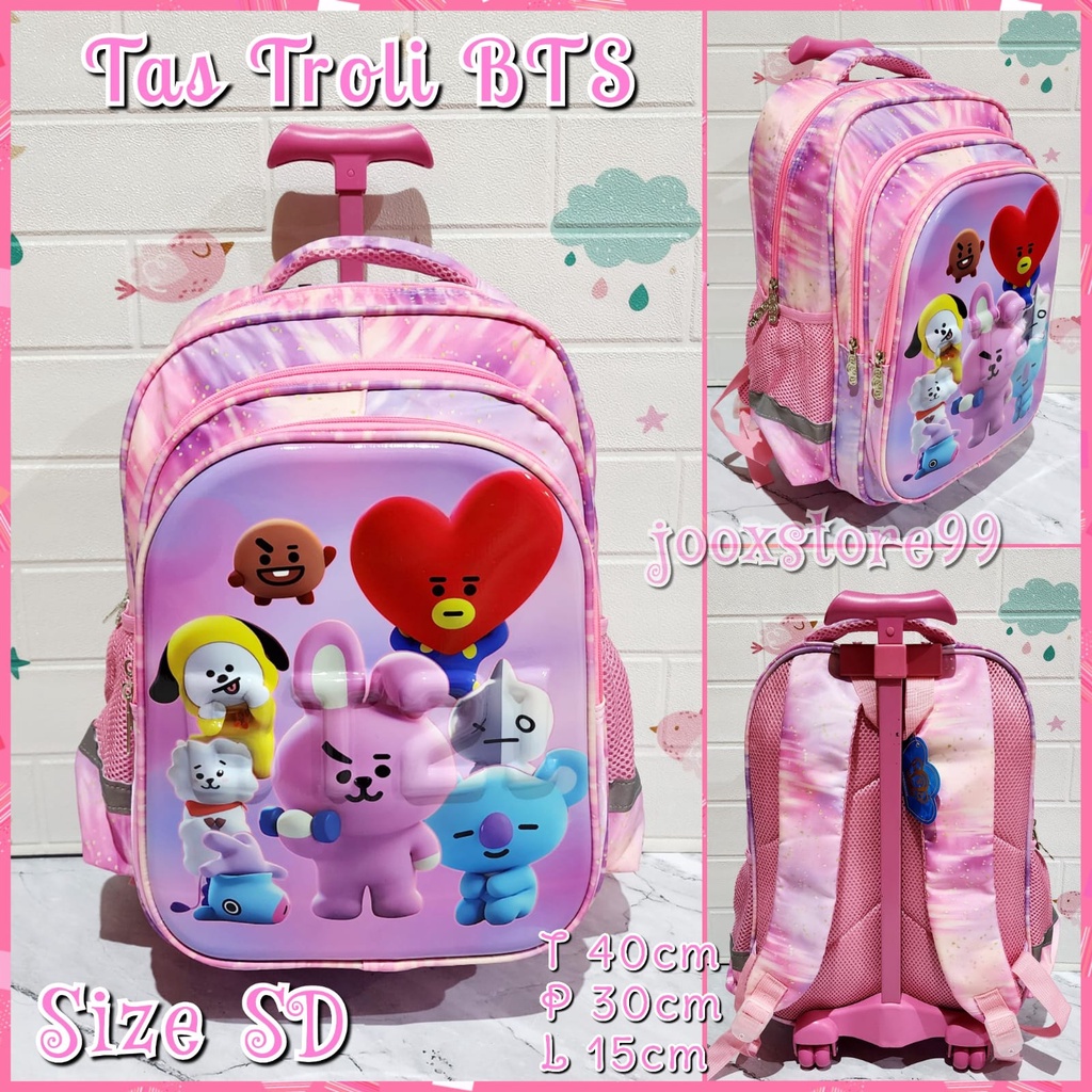 Tas Sekolah Troli Anak SD dan TK Tas Trolley Dorong Anak Sekolah Motif BTS BT21 Tas Koper Anak Perempuan