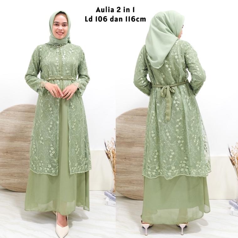 SALE Aulia 2in1 maxi dress outer/tule mutiara outer/ rompi kondangan/ gamis tulle mutiara